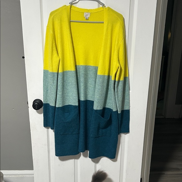 a new day Sweaters - a new day Women's Striped Cardigan - Yellow, Light Blue, Teal